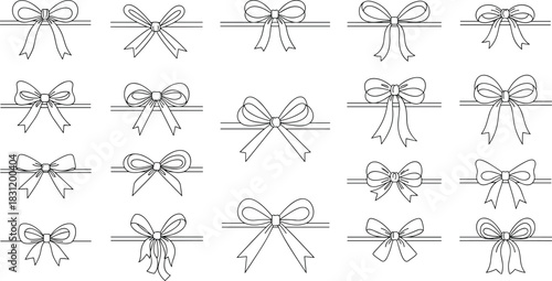 Decorative bow illustration set, ribbon styles, black white vector icons, gift wrap elements, fashion design, festive ornament graphics