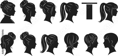 Female hairstyle silhouette puzzle, visual matching game, cognitive test concept, head shape icons, brain teaser, black vector illustration