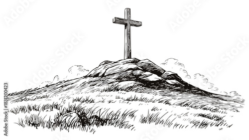 Sacred Cross Symbol on Hilltop Vector with Outline for Design Projects