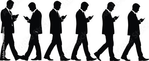 Businessman walking with smartphone, silhouette sequence, mobile distraction concept, vector illustration, modern lifestyle, digital behavior icon set