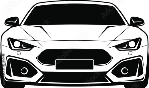 Modern sports car front view, aggressive grille, sleek headlights, vector illustration, black white line art, automotive design icon