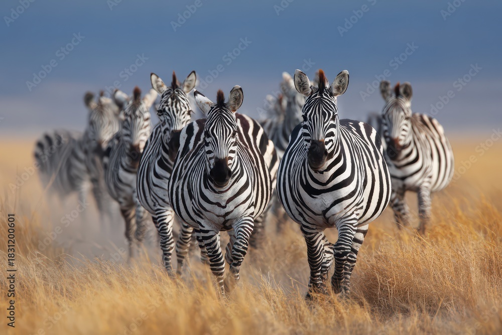 Obraz premium Dynamic Zebra Herd on the Move: A Vibrant Crossing Through the African Plains