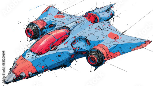 Futuristic Blue and Red Spaceship Vector Illustration with Outline for Sci-Fi Designs