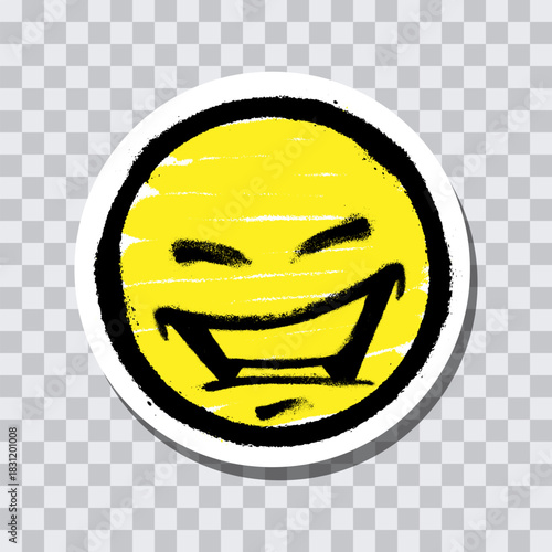 Graffiti emoticon. Smiling face painted spray paint on transparent background sticker. Vector illustration