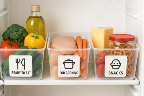 Containers with food in the refrigerator, divided into categories.