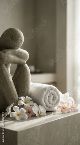 Stone sculpture with spa towel and flowers  