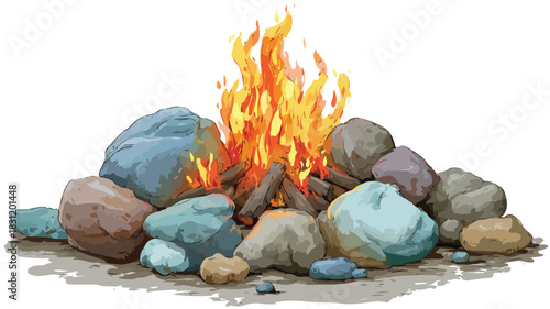 Fiery Landscape with Rocks and Stones Vector Illustration