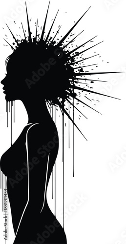Abstract silhouette of a woman's profile with an exploding ink splatter and dripping hair design, conveying artistic edge and bold graphic impact.