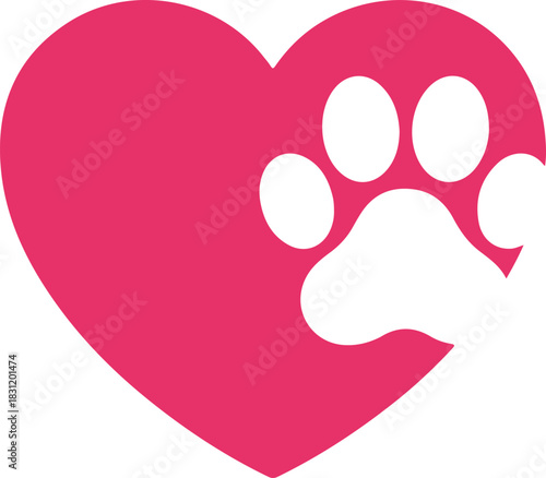 Pink heart icon embracing a white animal paw print, representing deep affection and care for pets, animal welfare, and veterinary services