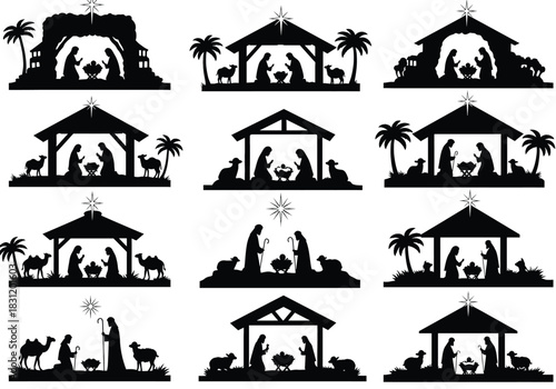 vector Nativity scene silhouette vector set depicting the birth of Jesus Christ for Christmas holiday designs and religious illustrations
