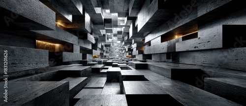 Fototapeta Naklejka Na Ścianę i Meble -  Abstract Geometric Concrete Tunnel with Dramatic Lighting and Perspective Depth