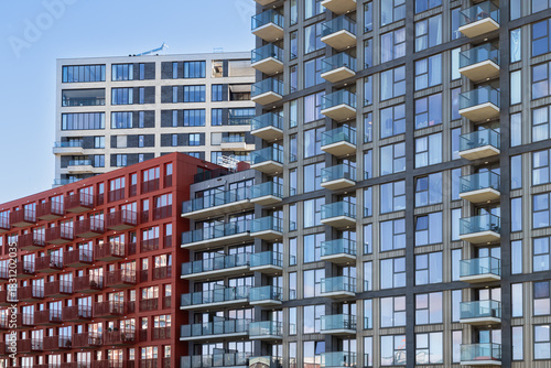Modern high-rise apartment buildings in the new NDSM district in Amsterdam.