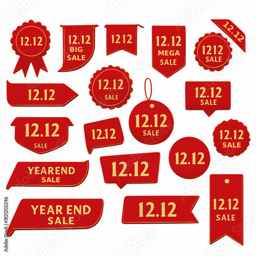 12.12 Collection of red sale, discount tags, labels, banner, special offer best price shop now, new with text isolated on white background for promotional shopping day event, web, ads, retail store