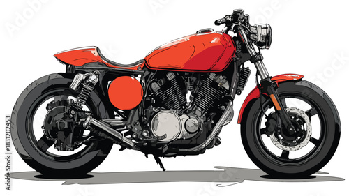 Detailed Vector Drawing of Red Motorcycle with Outline