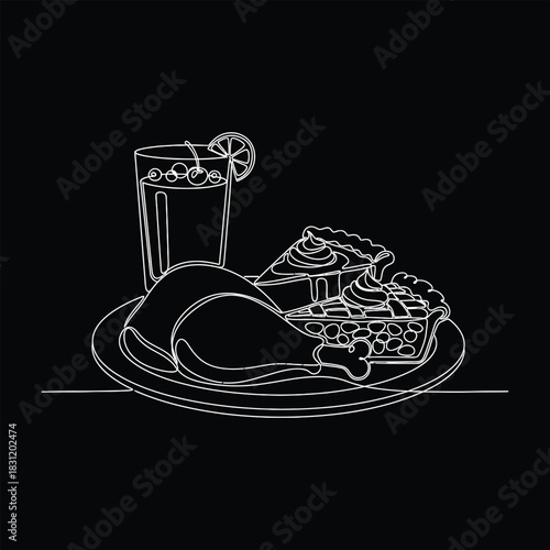Delicious Turkey Dinner With Pie And Drink Line Art