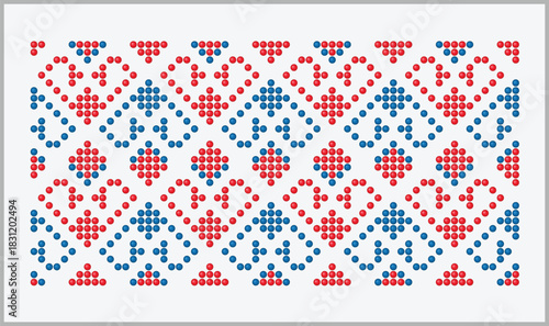 Red and blue Ukrainian heart repeat ornament from Zaporizhzhia region. Beaded style for design and decorative use