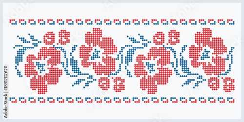 Red and blue floral dotted traditional Ukrainian Poltava region ornament. Large flower motif for decorative design