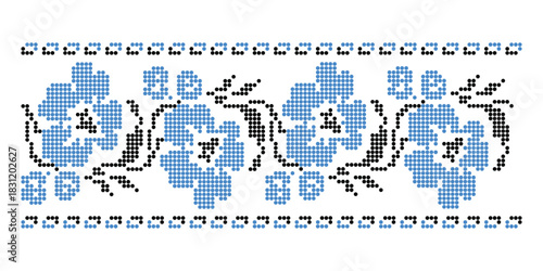 Blue and black floral dotted endless pattern. Traditional Poltava region Ukrainian ornament