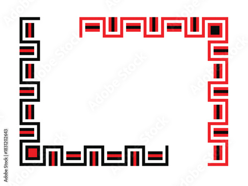 Geometric corner border ornament in red and black, Ukrainian embroidery pattern. Clean square pattern for frames, design decor