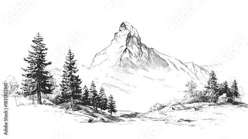 Majestic Mountain Landscape Drawing with Distant Mountain