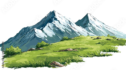 Scenic Mountain Drawing with Green Grass and Vector Mountains