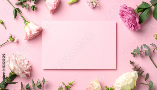 Flat lay of blank pink greeting card surrounded by fresh pastel flowers elegant composition. Mock-up.