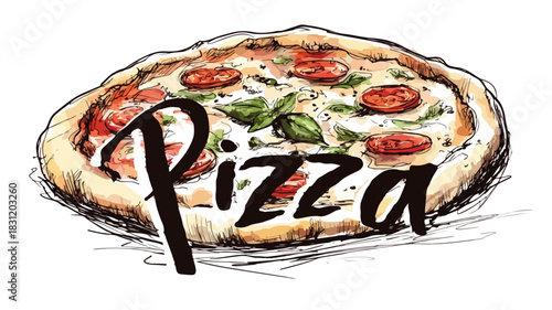Delicious Pizza Drawing with 'Pizza' Word - Food Typography Vector Illustration