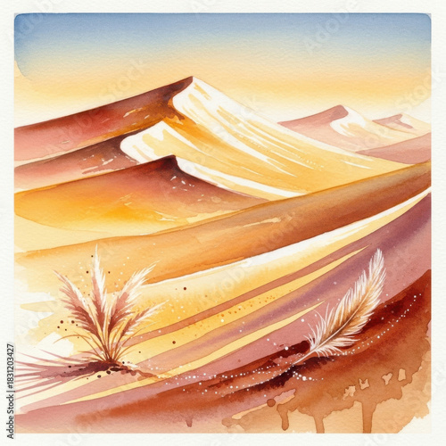 Watercolor Illustration of Sunlit Boho Dunes with Pampas Grass in Warm Desert Landscape, Nature Art, Earthy Tones, Elevated View, Tranquil Bohemian Concept