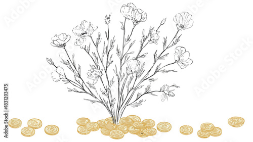 Botanical Illustration of Plant with Vibrant Flowers and Golden Leaves