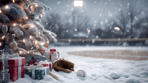 Christmas tree closeup with gifts on snowy baseball court with baseball glove, bat and ball lying in the snow. Concept of resting baseball sport during Christmas time.
