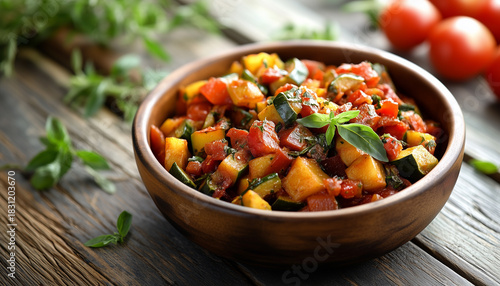 Ratatouille in bowl on wooden table