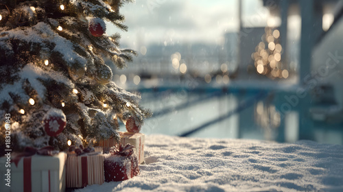 Wallpaper Mural Christmas tree closeup with gifts on snowy ground of a swimming pool with in the background, with lane dividers visible. Concept of resting swimming sport during Christmas time. Torontodigital.ca