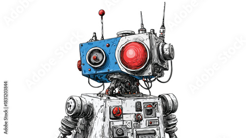 Detailed Vector Drawing of a Robot with Blue and Red Nose
