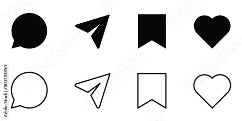 social media interface icon set in line style. like, unlike, comment, share, message, thumb and save simple black style symbol sign for apps and website, vector illustration.