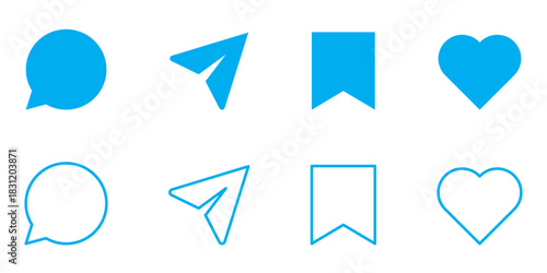 social media interface icon set in line style. like, unlike, comment, share, message, thumb and save simple black style symbol sign for apps and website, vector illustration.