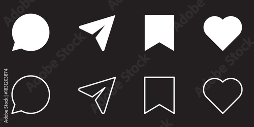 social media interface icon set in line style. like, unlike, comment, share, message, thumb and save simple black style symbol sign for apps and website, vector illustration.