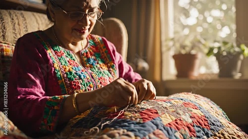 Elderly woman sewing colorful quilt in armchair sunlight through window