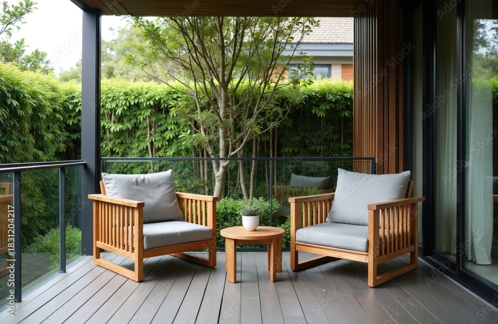 Obraz premium Two wood chairs with soft cushions and small table set on modern balcony. Green garden trees and hedges surround outdoor patio space. It offers relaxing, comfortable private area at resort or home.