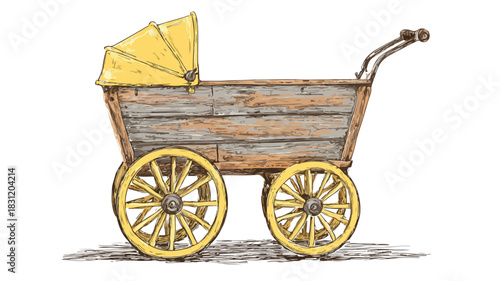 Vintage Wooden Baby Carriage with Yellow Wheels Vector Illustration