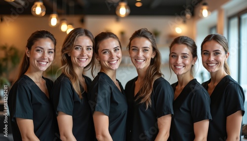 Wallpaper Mural Six smiling women in black uniforms pose together for team photo. Pro group of beauticians, cosmetologists, spa workers, clinic staff. Happy female employees show dedication, teamwork, service Torontodigital.ca
