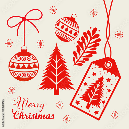 Merry Christmas greeting card poster clipart set. Christmas tags clip art with pine tree, gift box and xmas balls paper cut decoration elements in elegant invitation collection vector illustration.