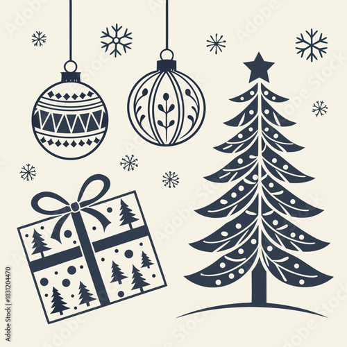 Merry Christmas greeting card poster clipart set. Christmas tags clip art with pine tree, gift box and xmas balls paper cut decoration elements in elegant invitation collection vector illustration.