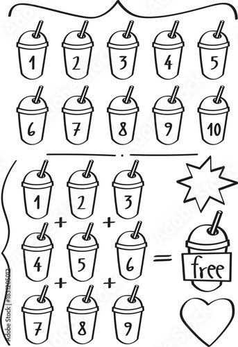 Loyalty Card Template for collecting stamps and have a free drink. Vector in black and white doodle style featuring a plastic cup. Ideal for drinks like juice, coffee, soda, shake, smoothie, ice cream