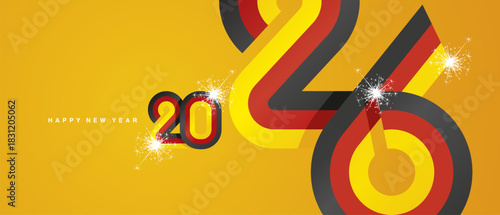 Happy New Year 2026. Combination of small and large typography in the shape of a Germany ribbon for the year 2026. Abstract black red yellow ribbon flag sparkling fireworks on orange yellow background