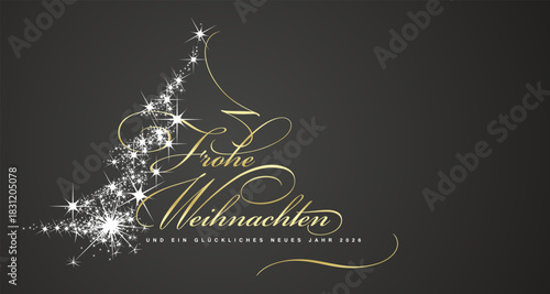 Merry Christmas and Happy New Year 2026 German language golden white light script calligraphy typography with glitter sparkle stardust in shape of Christmas tree black background greeting card