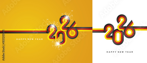 New Year 2026 flag ribbon typography lettering. Abstract black red yellow flag of Germany in the shape of 2026 logo with sparkle firework isolated on white and orange yellow background