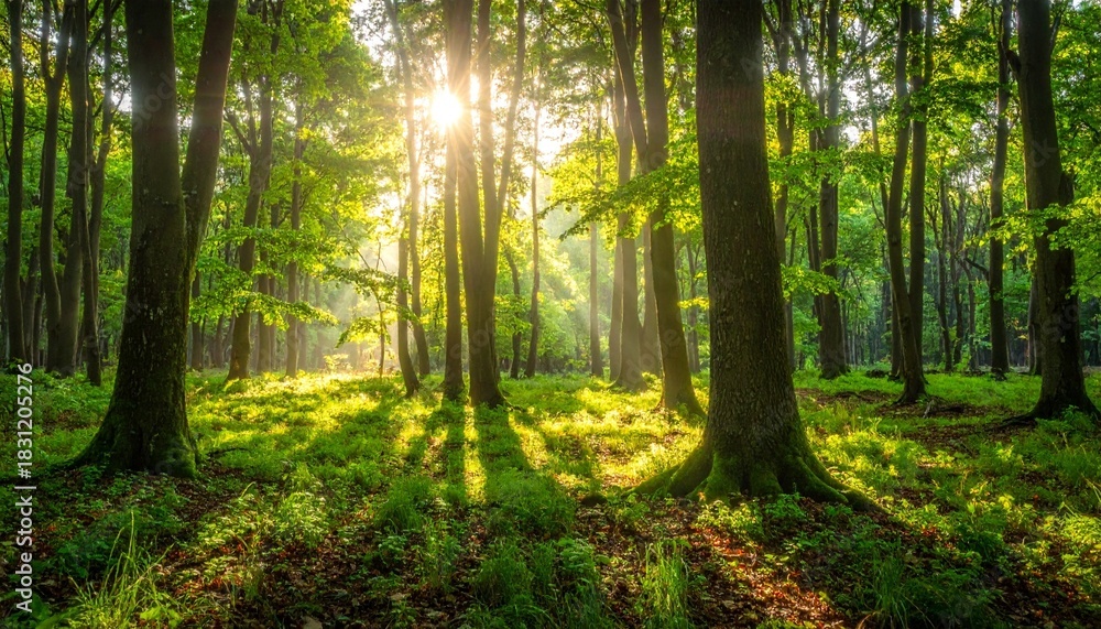 Obraz premium Forest sunlight shining through trees.