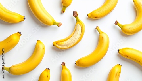 Vibrant Arrangement of Ripe Bananas on a Clean White Surface for Freshness