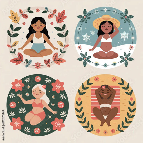 Diverse women relaxing in nature-inspired illustrations set  