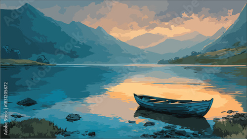 Serene Lake with Boat and Majestic Mountains Landscape Painting